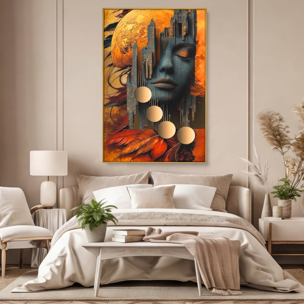 Tablou canvas cu tablou canvas cu chip de femeie si oras stilizat, in rama de aluminiu auriu, pe perete intr-un dormitor